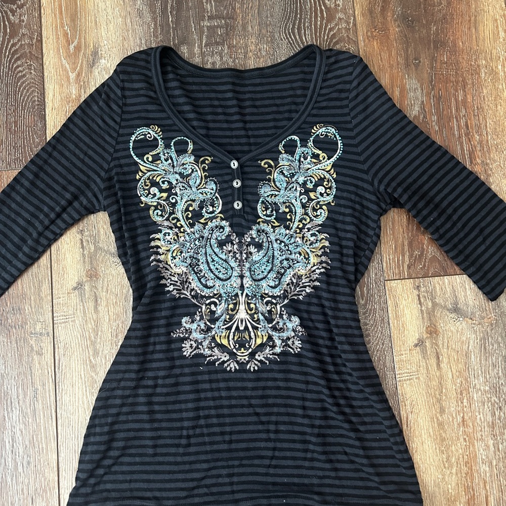 Elegant Black Striped Women's Blouse with Embellished Design